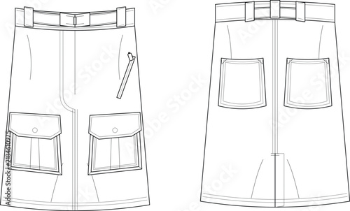 Technical flat sketch of utility skirt with flap and zipper pockets