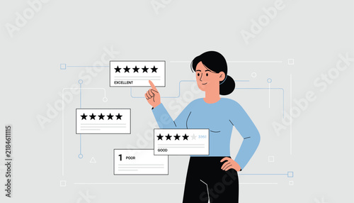 Businesswoman evaluating customer reviews and star rating feedback boxes representing service quality control.