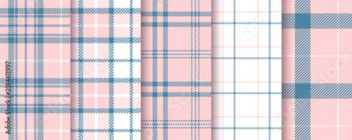 Check seamless pattern. Pink blue backgrounds. Set of fabric prints. Tartan shirt cloth. Lumberjack tablecloth. Flannel textures. Geometric checkered textile. Abstract backdrop. Vector illustration