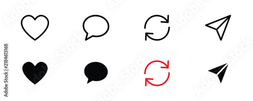 Social media icons in outline and filled styles with hearts messages and paper planes