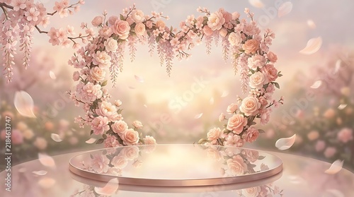 Beautiful heart shaped flower arch with a pink display podium for product presentation in a dreamy floral garden