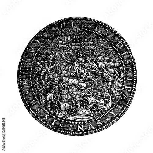 Bild auf Leinwand Dutch Armada medal with naval battle scene, old vintage illustration, 1894