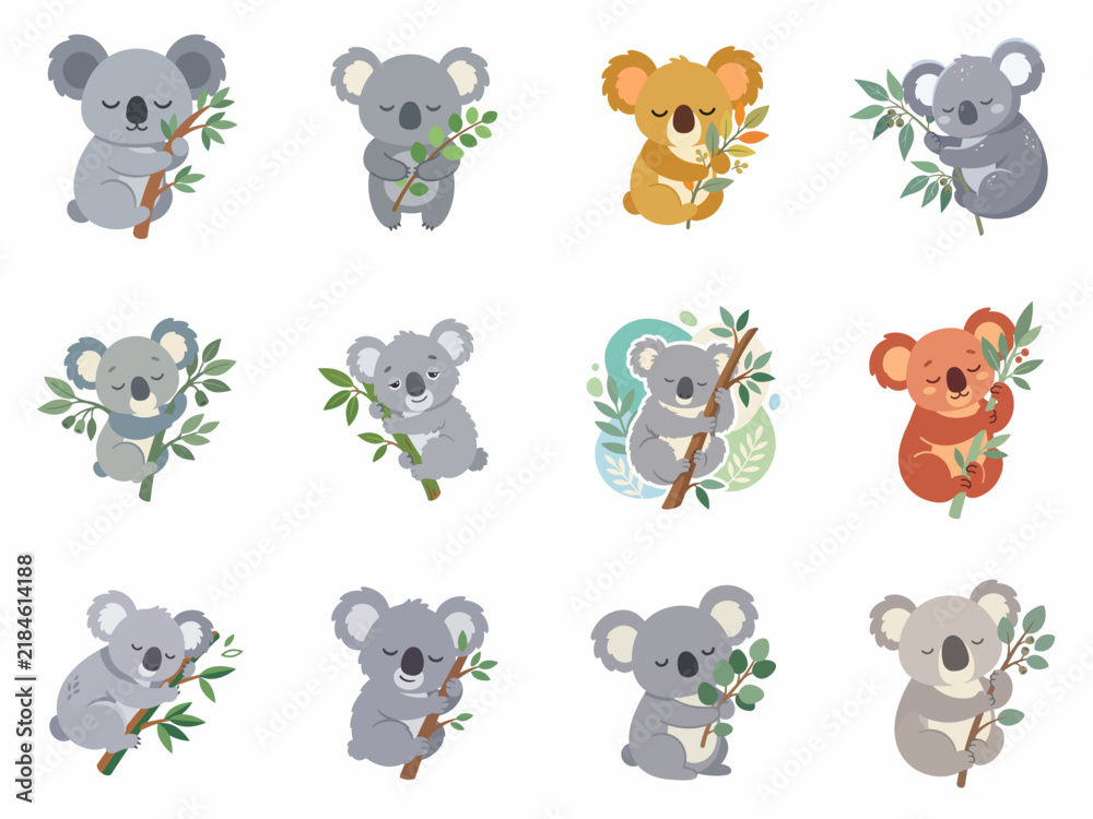 Obraz premium Collection of cute cartoon koala bear illustrations in various poses and colors climbing eucalyptus branches isolated on white background for nursery or greeting card design.