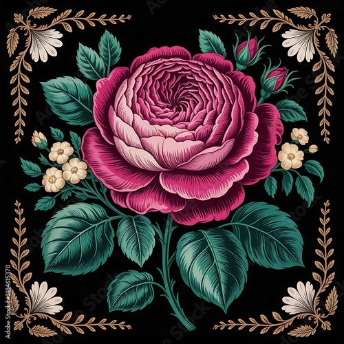 Vintage floral illustration featuring a large dark pink rose with intricate botanical frame elements