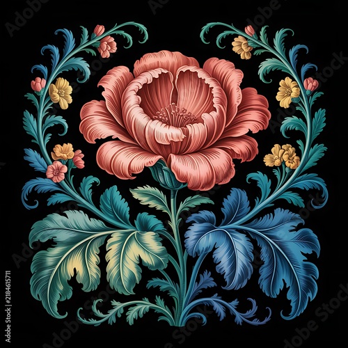 Vintage floral illustration with a large central pink flower surrounded by decorative leaves and small blossoms