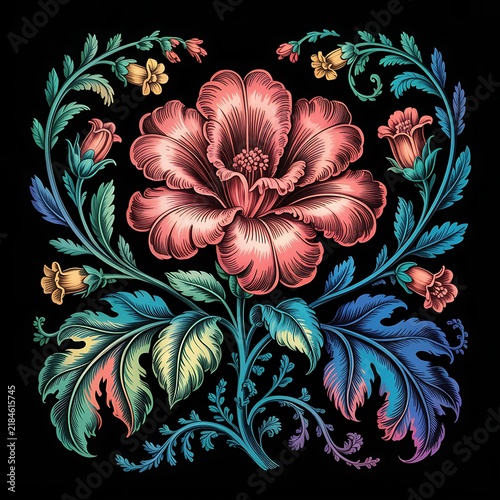 Vintage floral illustration with a large pink flower and decorative leafy vines on black background