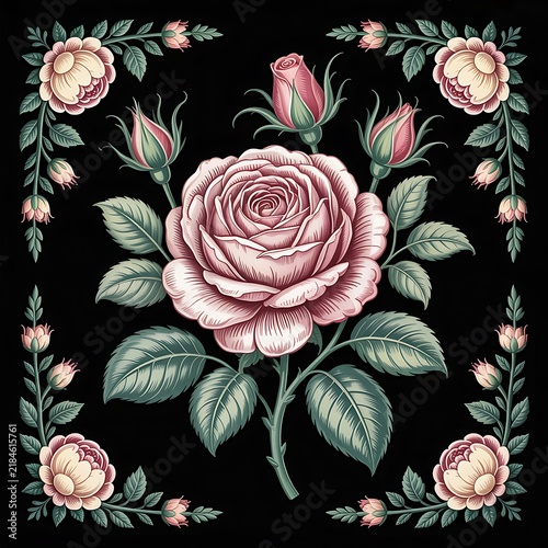 Vintage floral illustration with detailed pink roses and decorative leaf borders on black background