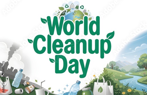 World cleanup day environmental campaign illustration with plastic waste and nature landscape environmental awareness plastic pollution