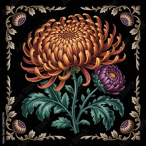 Vintage floral illustration with ornate decorative corner frames and detailed chrysanthemum blooms