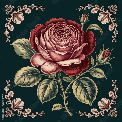 Vintage style engraving illustration of a red rose flower with decorative corner ornaments