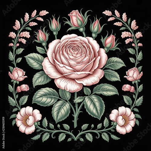 Vintage style illustration of a blooming pink rose surrounded by intricate floral elements and leaves