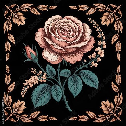 Vintage style rose illustration with ornate floral corners and decorative botanical elements