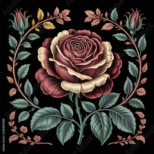 Vintage style woodcut illustration of a red and cream rose with botanical leaves and floral frame