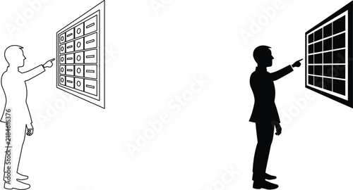 Businessman pointing at server rack system screen in line art and black silhouette vector graphics for database use.