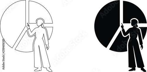 Businesswoman presenting pie chart data infographic in outline and solid black silhouette vector illustration set.