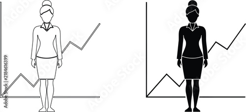 Businesswoman character vector icon set standing in front of line graph with black silhouette and outline options.