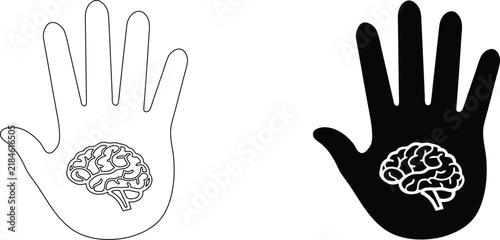 Hand holding a brain symbol line art and solid icon representing support for knowledge and mental well-being.