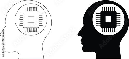 Human head profile with microchip inside line art and solid icon illustrating artificial intelligence and modern technology.