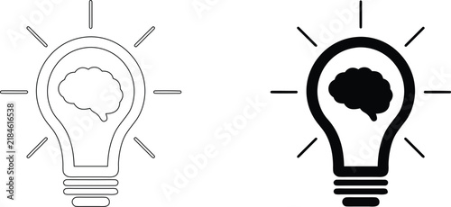 Light bulb with brain inside line art and solid icon symbolizing idea and innovation for creative concepts and thinking.