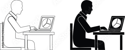 Office worker analyzing data on laptop computer in thin outline and filled black silhouette vector graphic styles.