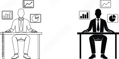 Office manager sitting at desk with business analytics reports charts and graphs for corporate strategic planning tasks.