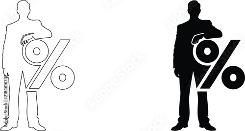 Professional businessman silhouette and outline icon leaning on large percentage sign for financial market data analysis.
