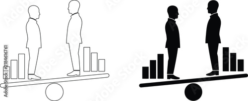 Two business men standing on a seesaw with bar graphs representing balance and business metrics.