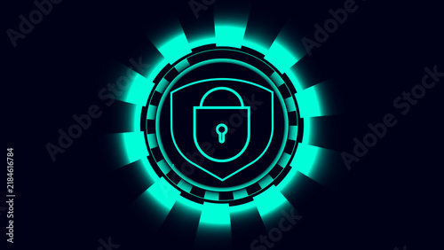 Glowing Cyan Shield with Padlock Icon on Dark Futuristic Background security