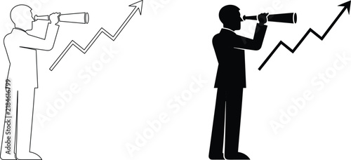 Visionary businessman looking through telescope towards rising arrow graph representing future growth and success trend.