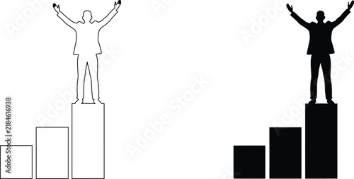 Business people standing on growing bar chart graphs black and white icons representing financial growth and success steps.