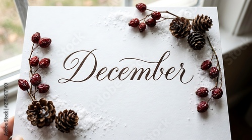 Elegant cursive December lettering on a card decorated with real pinecones, dried red berries, and artificial snow. 