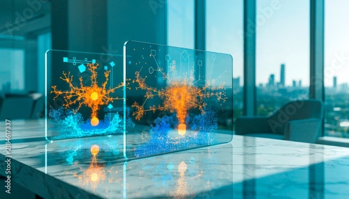Modern workspace with digital display showing data visualization and city skyline