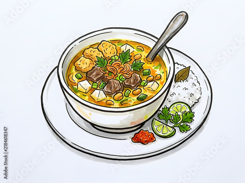 Soto Daging Indonesian Beef Soup Illustration with Rice and Lime