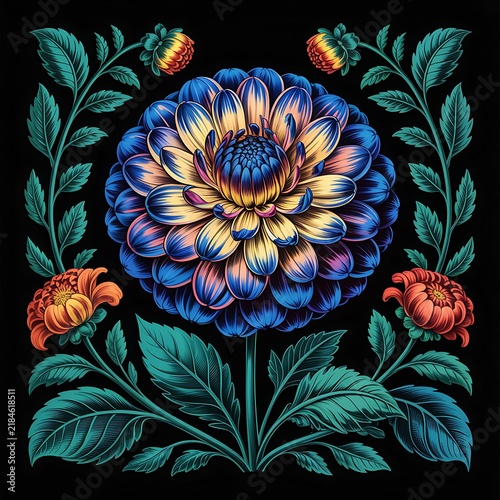 Decorative botanical illustration featuring a central blue flower and symmetrical leafy branches