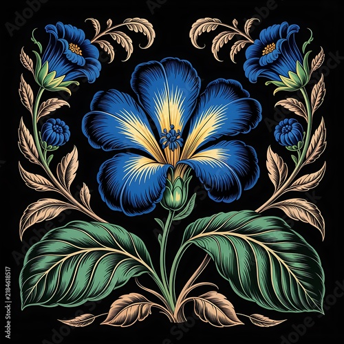 Decorative floral ornament with vintage blue and yellow flowers and green leaves