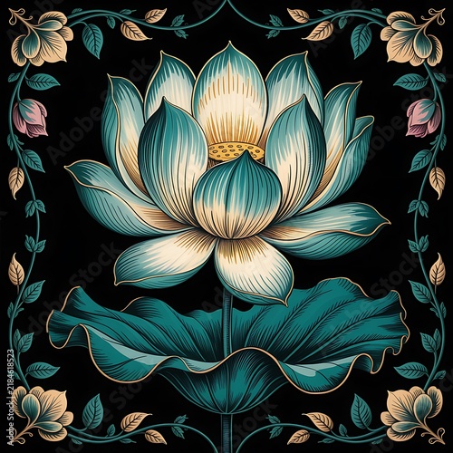 Decorative vintage art nouveau style illustration featuring a central blooming lotus flower with intricate floral frame