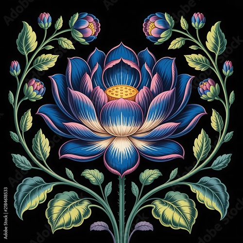 Decorative symmetric blue lotus flower botanical illustration with green leaves and buds