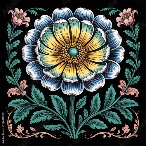 Decorative vintage floral illustration with intricate blue and yellow flower and green leaves