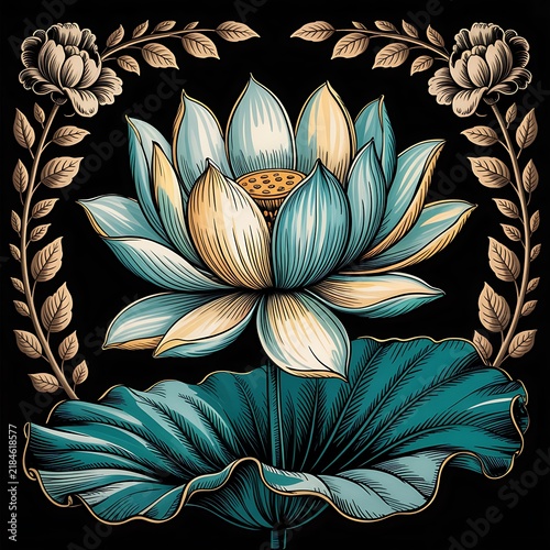 Elegant vector illustration of a blooming lotus flower with decorative floral borders