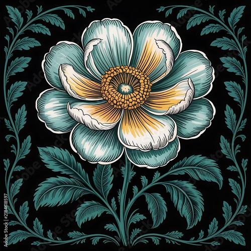 Decorative vintage floral illustration featuring a large blue flower with intricate botanical frame elements