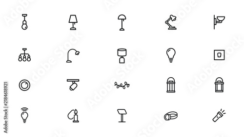 Collection of various stylized light fixtures and lamps icon designs