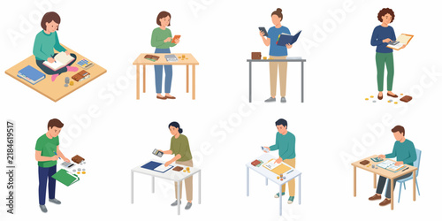 Bild auf Leinwand Flat vector illustration set of diverse people managing personal finances, counting coins, using calculators, and writing in ledgers for household budgeting and savings tracking
