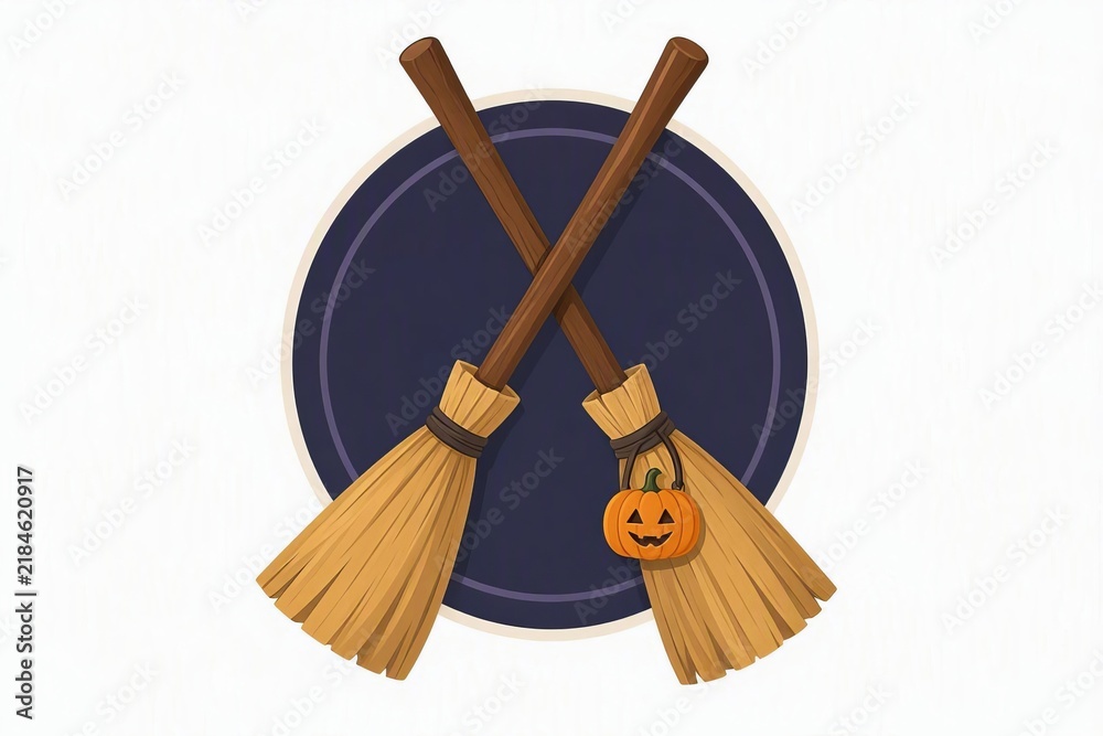 Fototapeta premium Halloween broomsticks and witch's tools crossed on a white background
