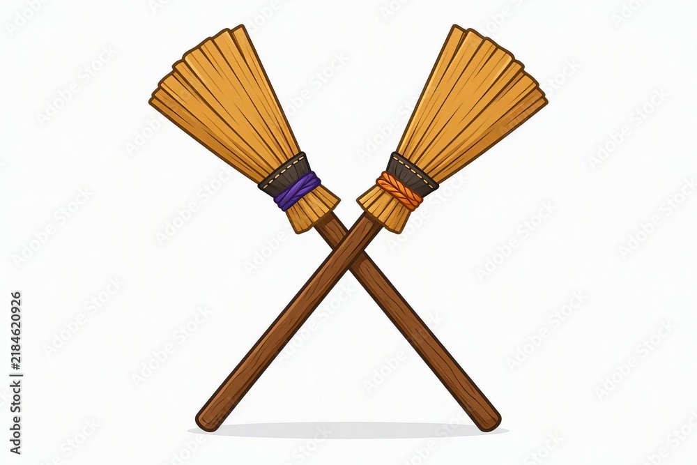 Fototapeta premium Halloween broomsticks and witch's tools crossed on a white background