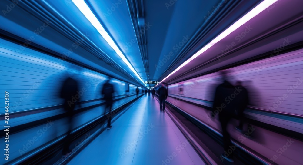 Fototapeta premium people walking through modern subway tunnel with motion blur and glowing blue and purple lights
