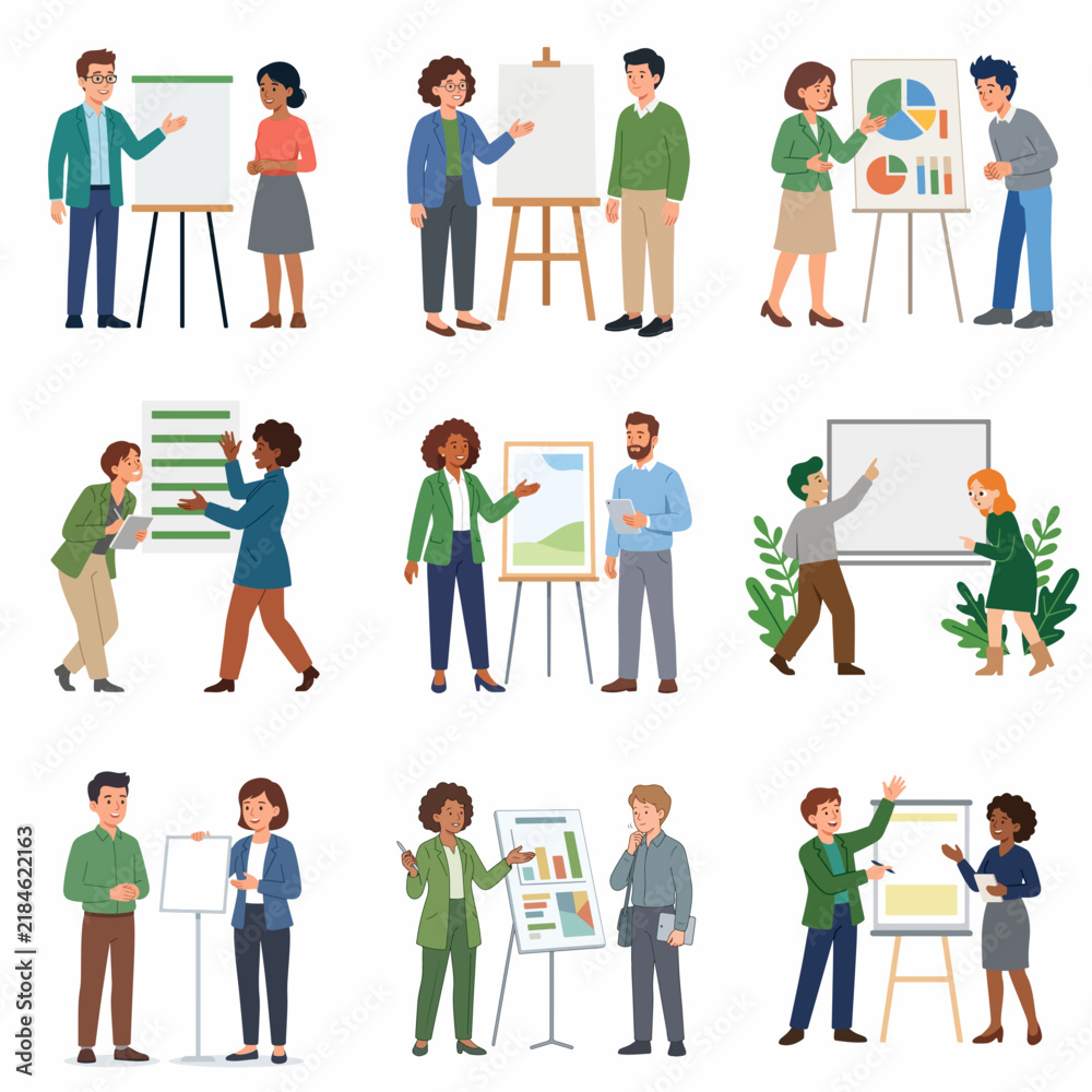 Fototapeta premium Set of business people character illustrations presenting data on flip charts and whiteboards during office meetings and workshops