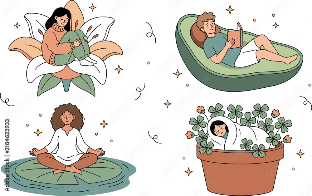 Fototapeta premium Mental Health Self Care and Meditation Vector Set with People Relaxing in Nature Elements