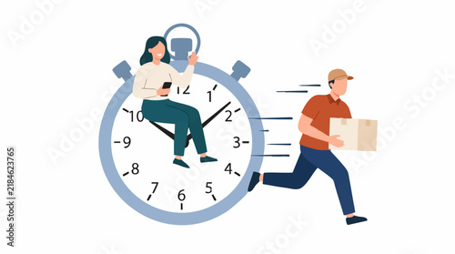 Fotografie Express delivery service with woman and running courier on stopwatch