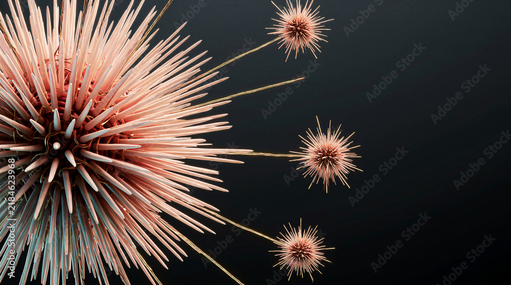 Fototapeta premium Abstract sea urchin structure featuring glowing spines and faint gold wiring radiating unevenly from a dense core against a dark background