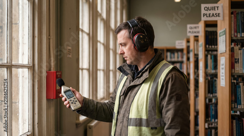 Safety inspector measuring noise level near emergency exit in quiet library